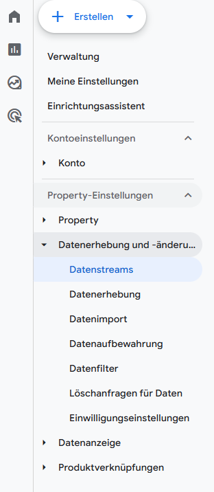 Screenshot des Seitenmenüs in Google Analytics 4 mit hervorgehobener Option "Datenstreams" unter dem Verwaltungsbereich der Property-Einstellungen