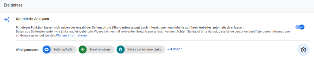 Screenshot des Bereichs „Optimierte Analysen“ in Google Analytics 4 mit aktivierten und deaktivierten Ereignissen