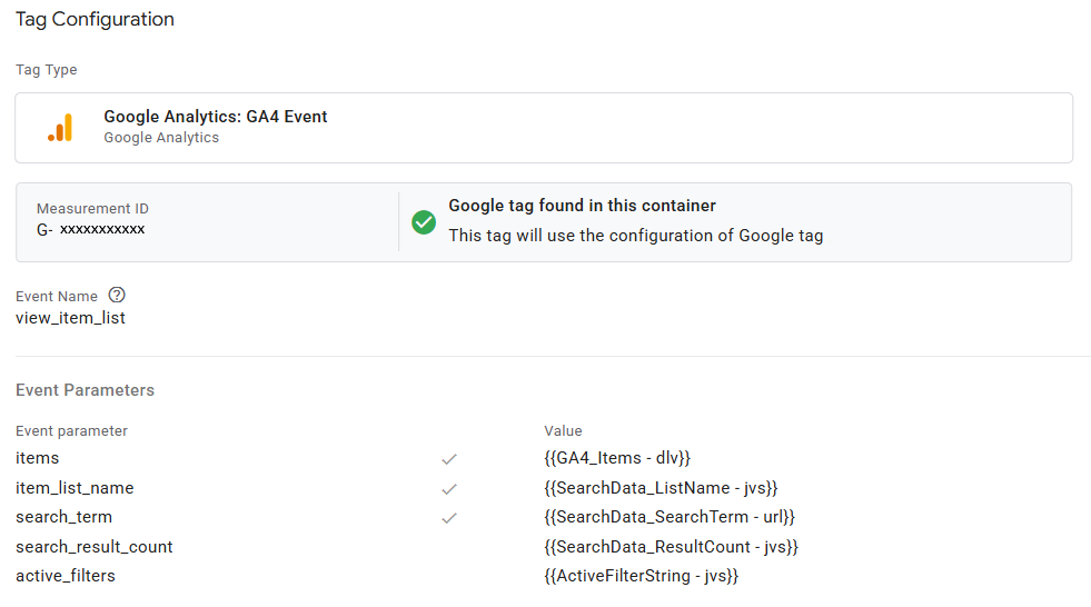 Google Tag Manager – Konfiguration des GA4-Ereignis Tags „view_item_list“ mit Suchparameter und Anzahl der Suchergebnisse zusätzliche Ereignisparameter