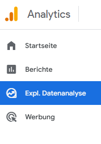 Screenshot der linken Navigationsleiste in Google Analytics 4 mit hervorgehobenem Icon für „Explorative Datenanalyse“