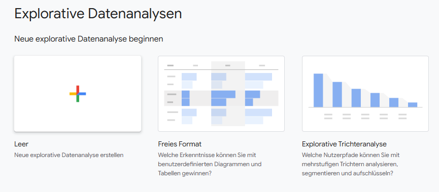 Screenshot in Google Analytics 4 mit Schaltfläche „Neue explorative Datenanalyse beginnen“