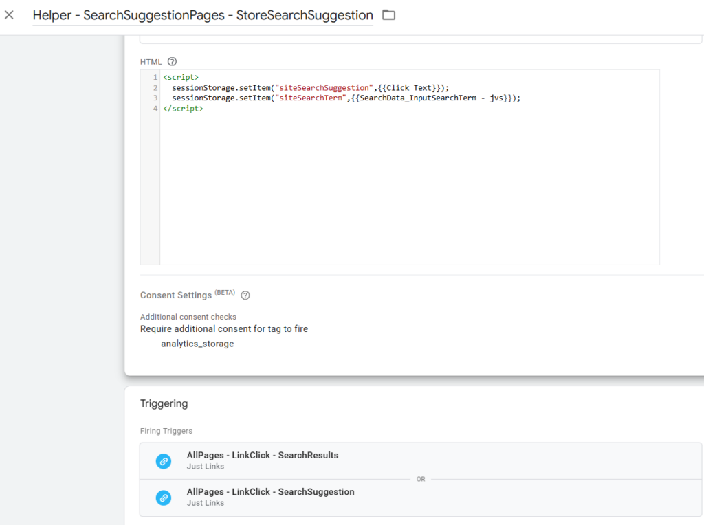 Helper Tag zum Zwischenspeichern des Suchbegriffs im Session Storage (Konfiguration im Google Tag Manager)